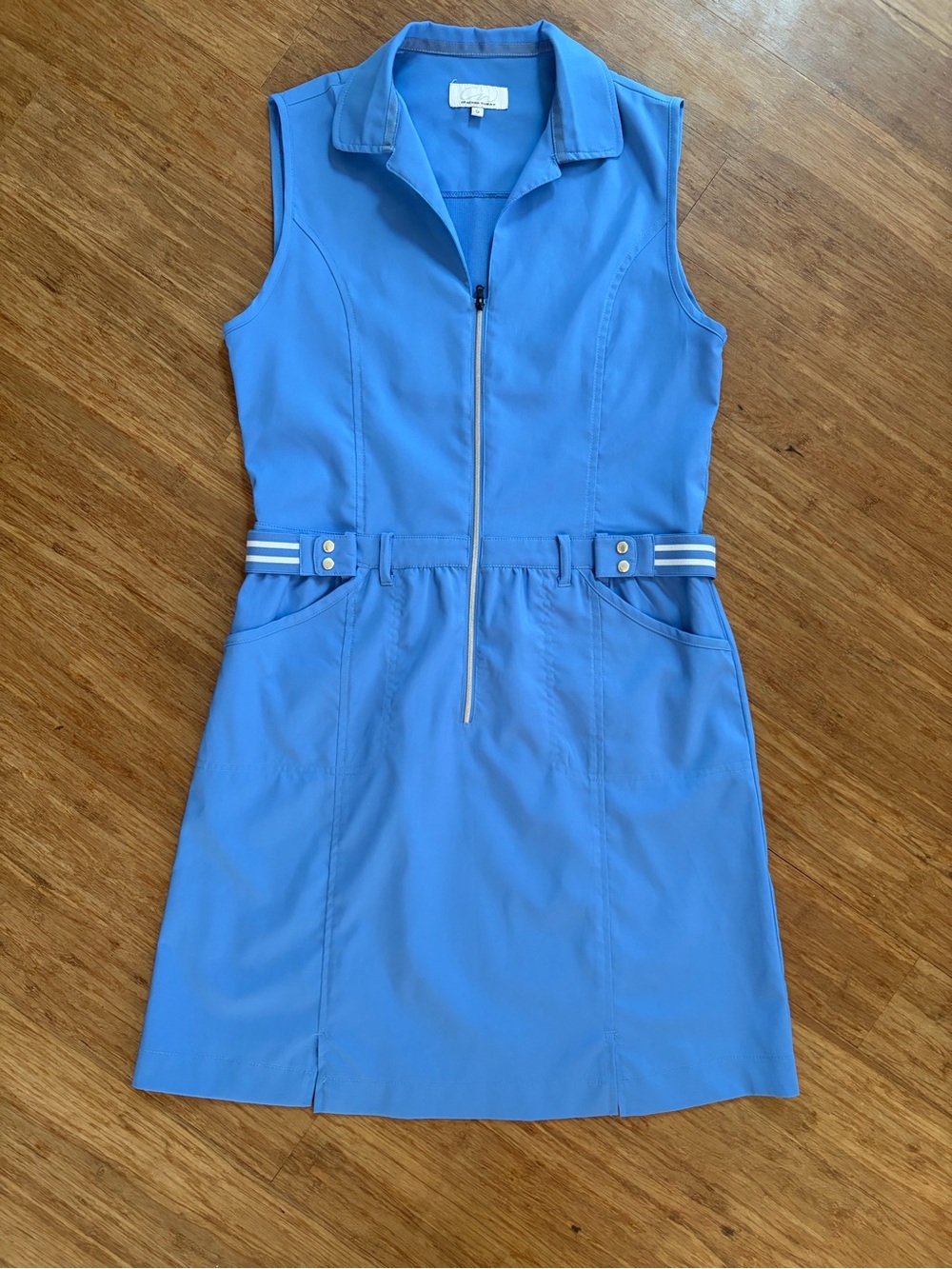 Cracked Wheat Golf Dress Small Blue Sleeveless Zip Front Striped Belt Pockets